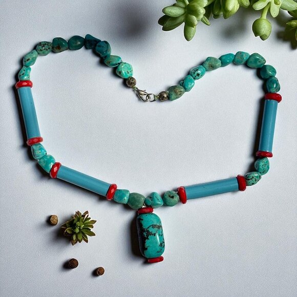 Vintage Native American Turquoise & Coral Beaded Necklace W Center Stone Pendant - Picture 6 of 7